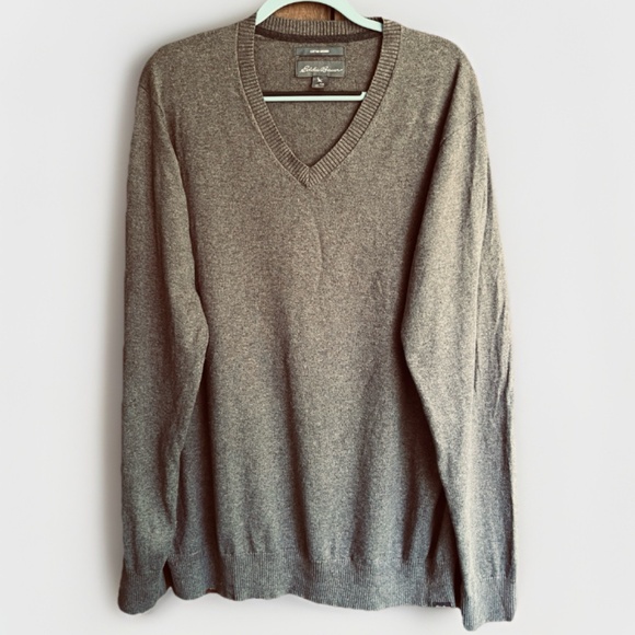 Eddie Bauer Sweater Mens TXL Olive Brown Cotton Merino Blend Fine Knit V-neck - Picture 1 of 14